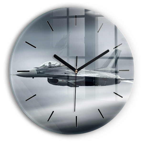 Round glass wall clock Military aircraft