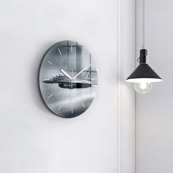 Round glass wall clock Military aircraft