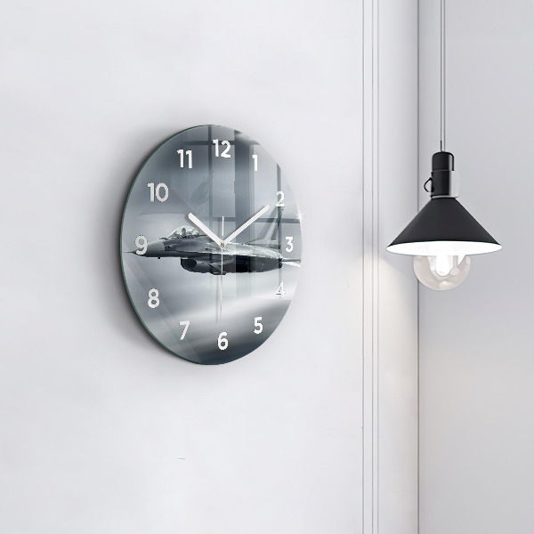Round glass wall clock Military aircraft