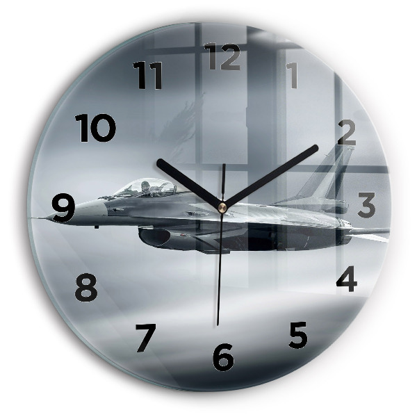 Round glass wall clock Military aircraft