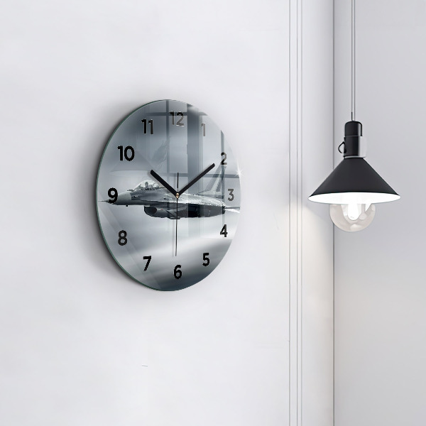 Round glass wall clock Military aircraft