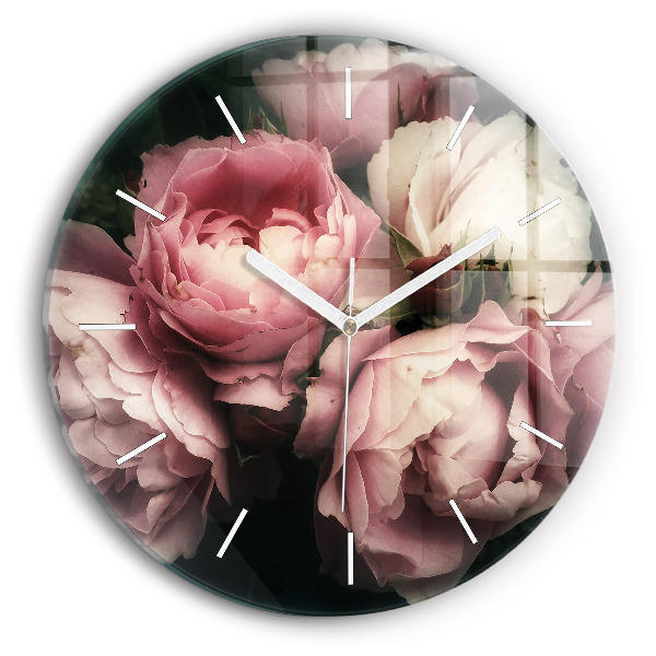 Round glass wall clock Bouquet of pink roses