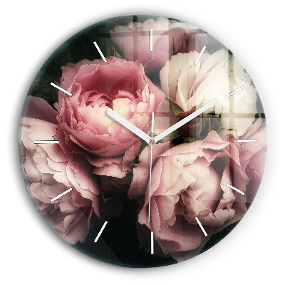 Round glass wall clock Bouquet of pink roses
