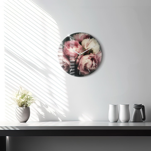 Round glass wall clock Bouquet of pink roses