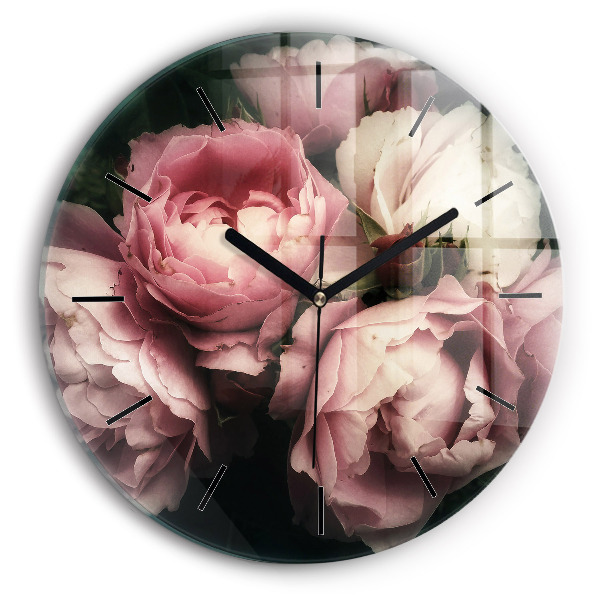 Round glass wall clock Bouquet of pink roses