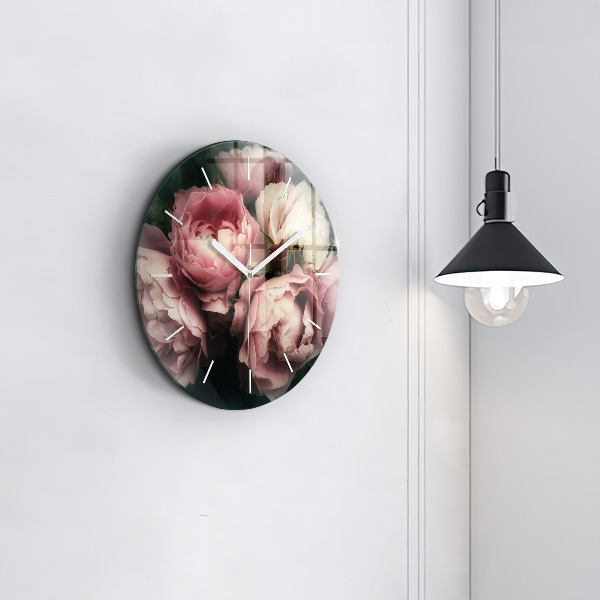 Round glass wall clock Bouquet of pink roses