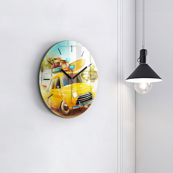 Round glass wall clock Car with surfboard