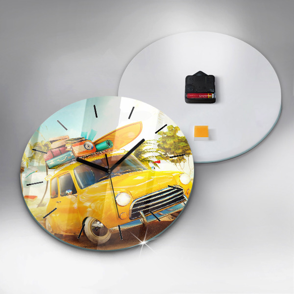 Round glass wall clock Car with surfboard