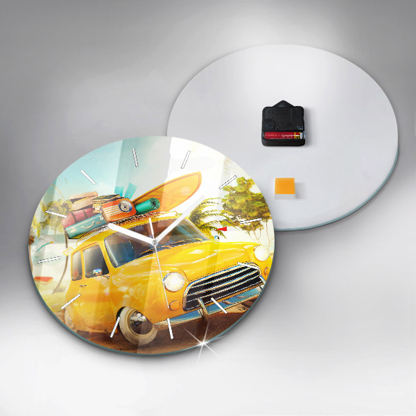 Round glass wall clock Car with surfboard