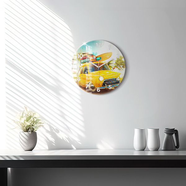 Round glass wall clock Car with surfboard