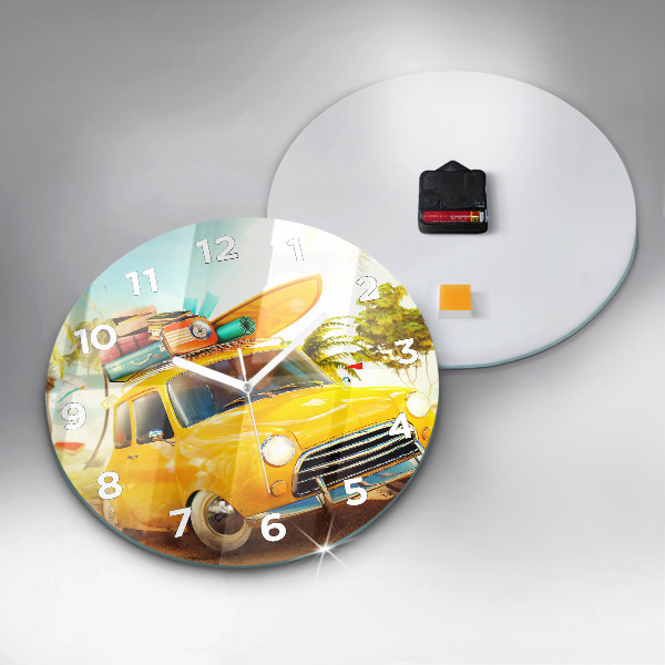 Round glass wall clock Car with surfboard