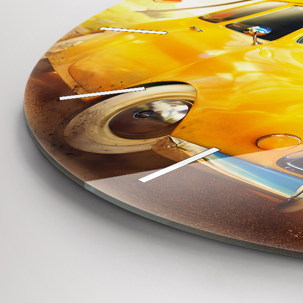 Round glass wall clock Car with surfboard