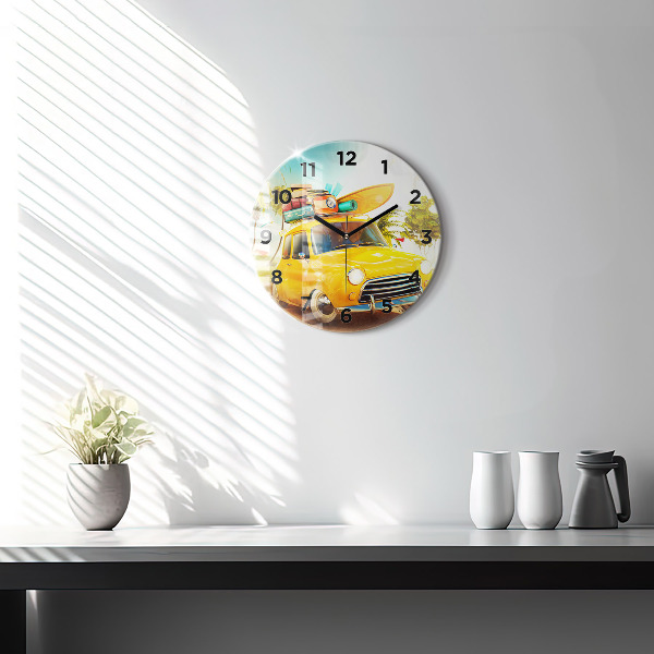 Round glass wall clock Car with surfboard