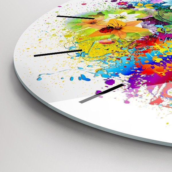 Round glass wall clock Floral harmony with butterflies