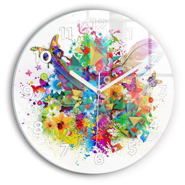 Round glass wall clock Floral harmony with butterflies