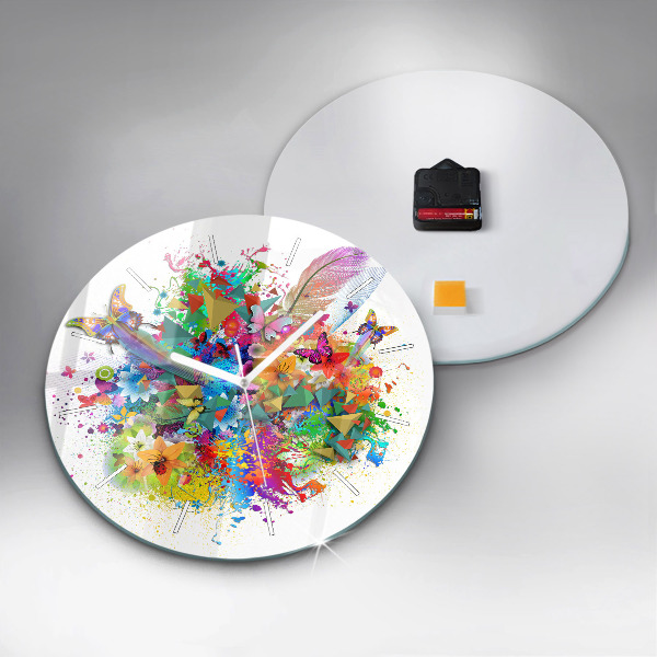 Round glass wall clock Floral harmony with butterflies