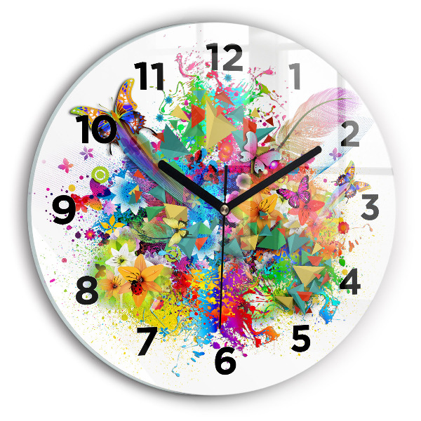 Round glass wall clock Floral harmony with butterflies