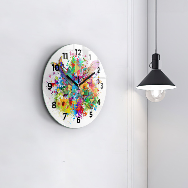 Round glass wall clock Floral harmony with butterflies