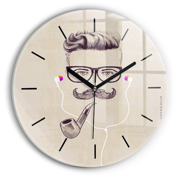 Round glass wall clock Man with a pipe