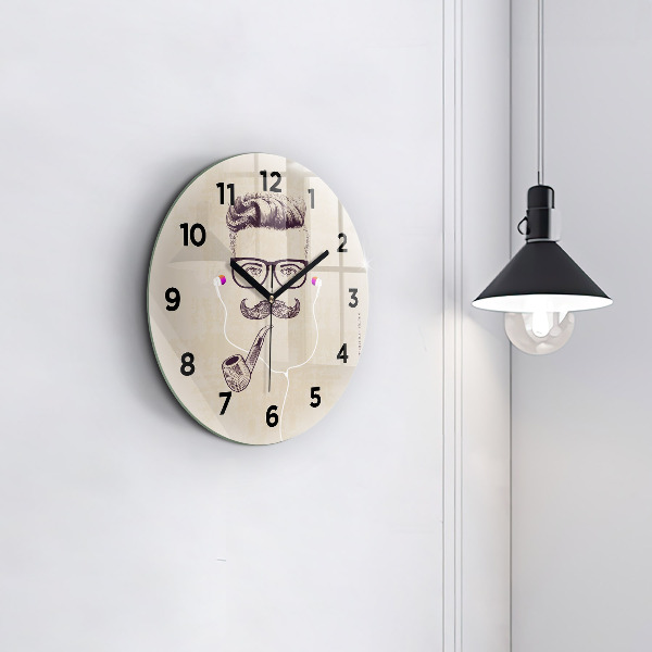 Round glass wall clock Man with a pipe