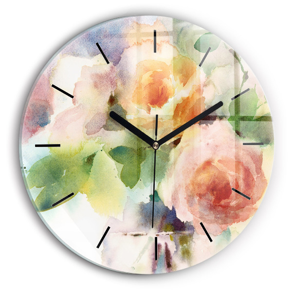 Round glass wall clock Roses in a Vase Watercolor