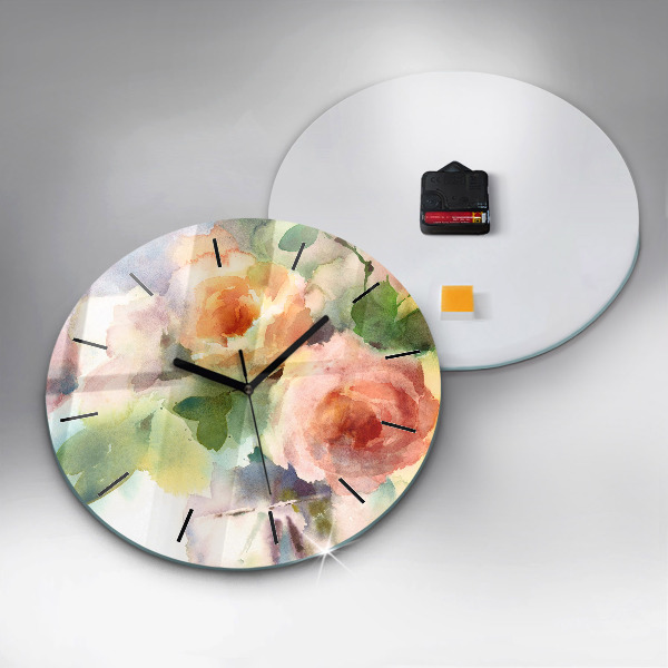 Round glass wall clock Roses in a Vase Watercolor