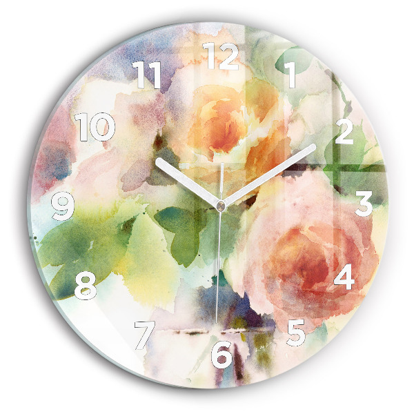 Round glass wall clock Roses in a Vase Watercolor