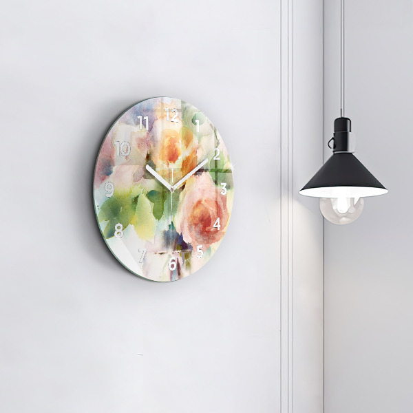 Round glass wall clock Roses in a Vase Watercolor