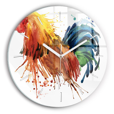 Round glass wall clock Colorful rooster