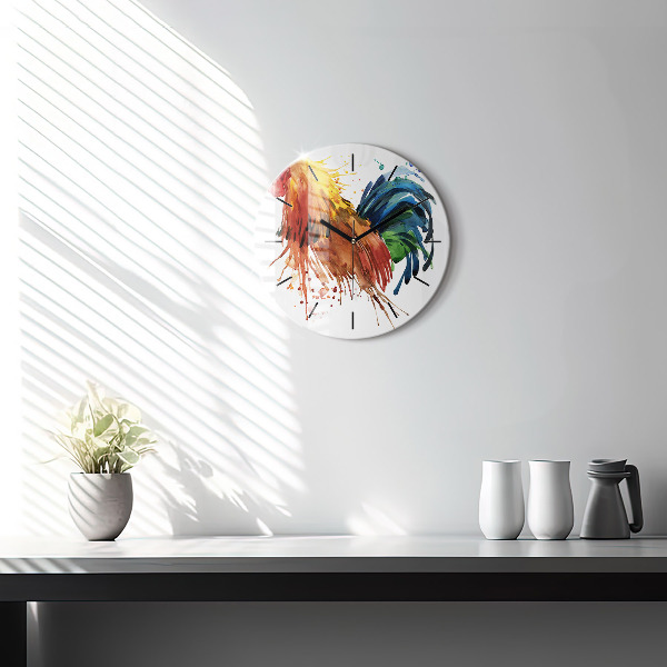 Round glass wall clock Colorful rooster