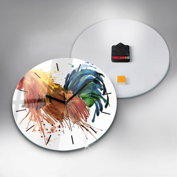 Round glass wall clock Colorful rooster