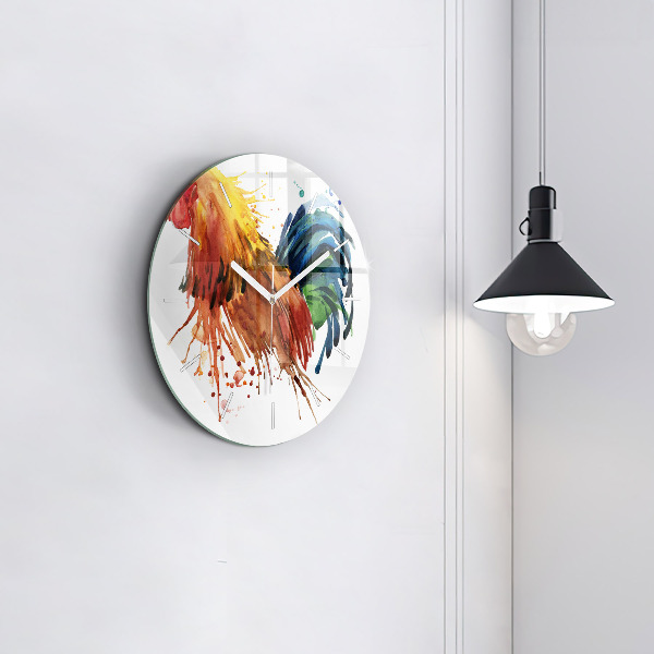 Round glass wall clock Colorful rooster