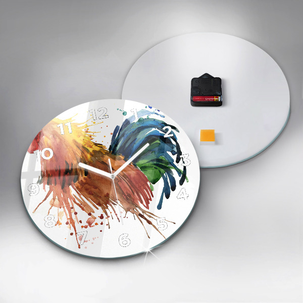 Round glass wall clock Colorful rooster