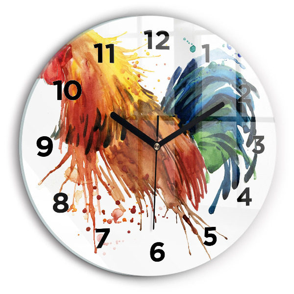 Round glass wall clock Colorful rooster