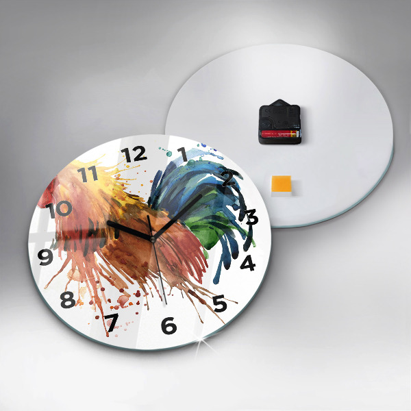 Round glass wall clock Colorful rooster