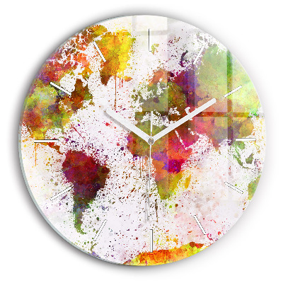 Round glass wall clock Watercolor map of the world