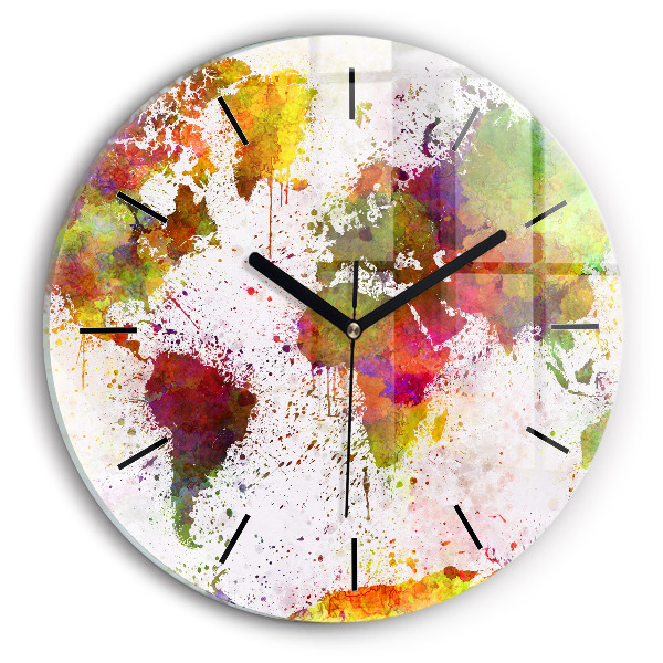 Round glass wall clock Watercolor map of the world