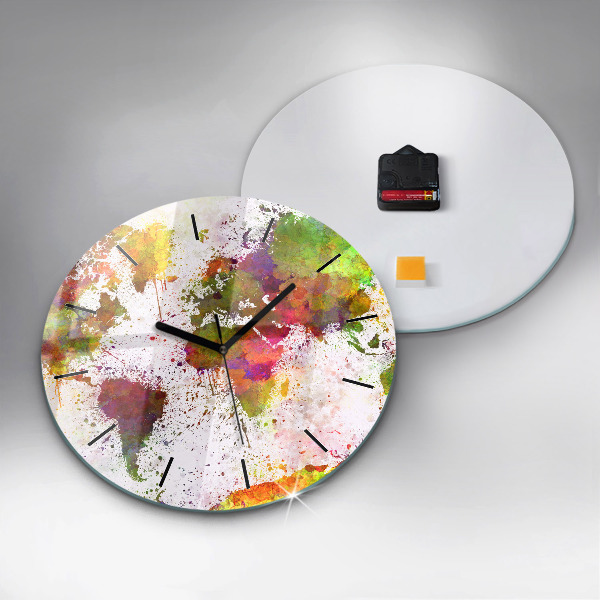 Round glass wall clock Watercolor map of the world