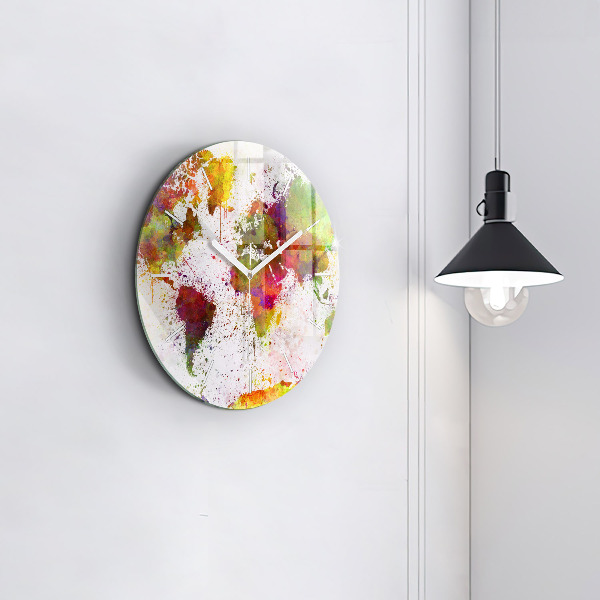 Round glass wall clock Watercolor map of the world