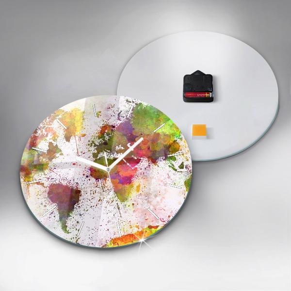 Round glass wall clock Watercolor map of the world