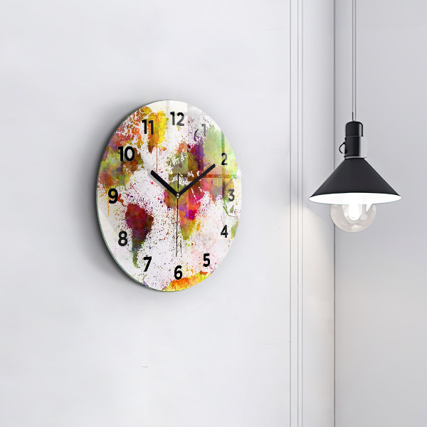 Round glass wall clock Watercolor map of the world