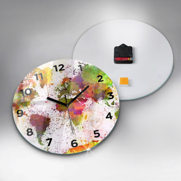 Round glass wall clock Watercolor map of the world