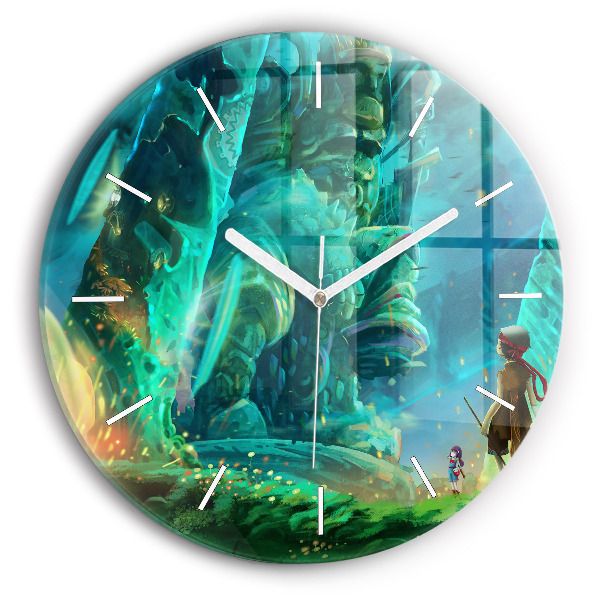 Round glass wall clock Children in the forest
