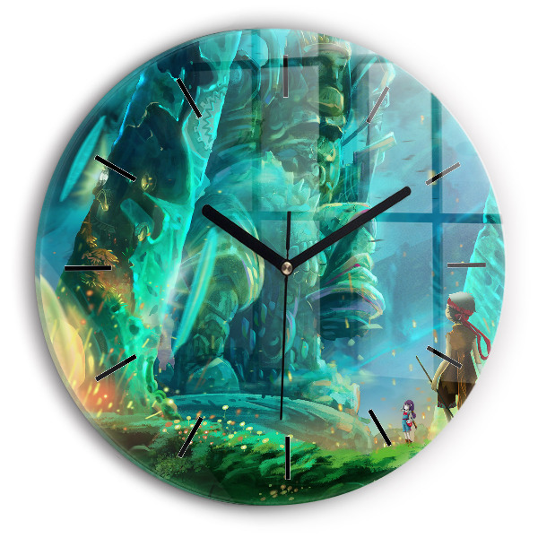 Round glass wall clock Children in the forest