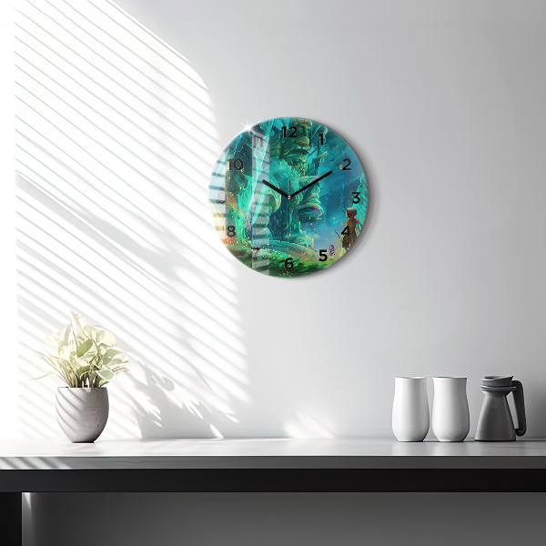 Round glass wall clock Children in the forest
