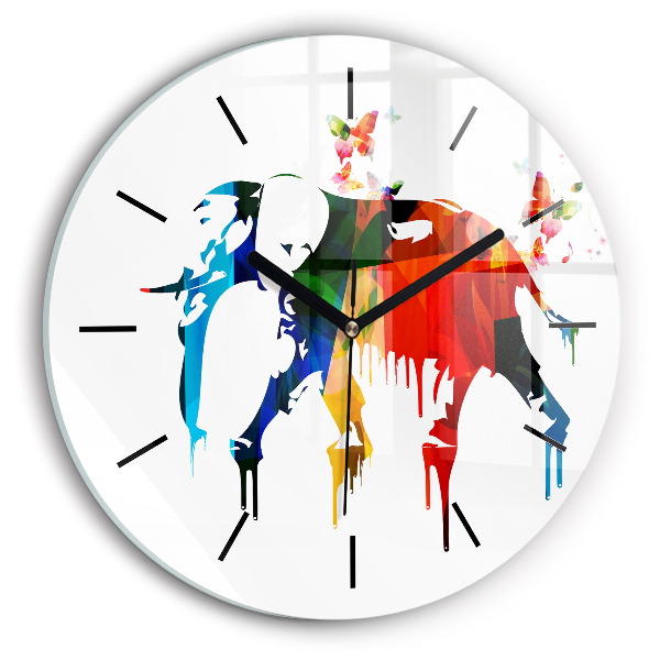 Round glass wall clock Colorful painted elephant