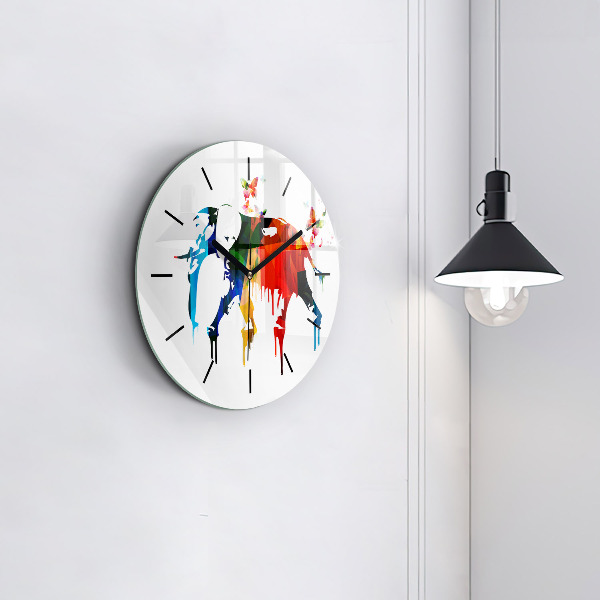 Round glass wall clock Colorful painted elephant