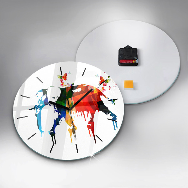 Round glass wall clock Colorful painted elephant