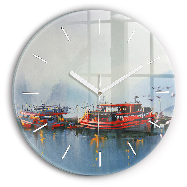 Round glass wall clock Fishing boat in port