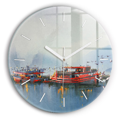 Round glass wall clock Fishing boat in port